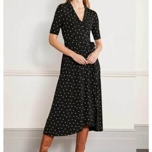 Boden Jersey Knit Wrap Midi Dress Womens 6R Black Polka Dot V Neck Classic